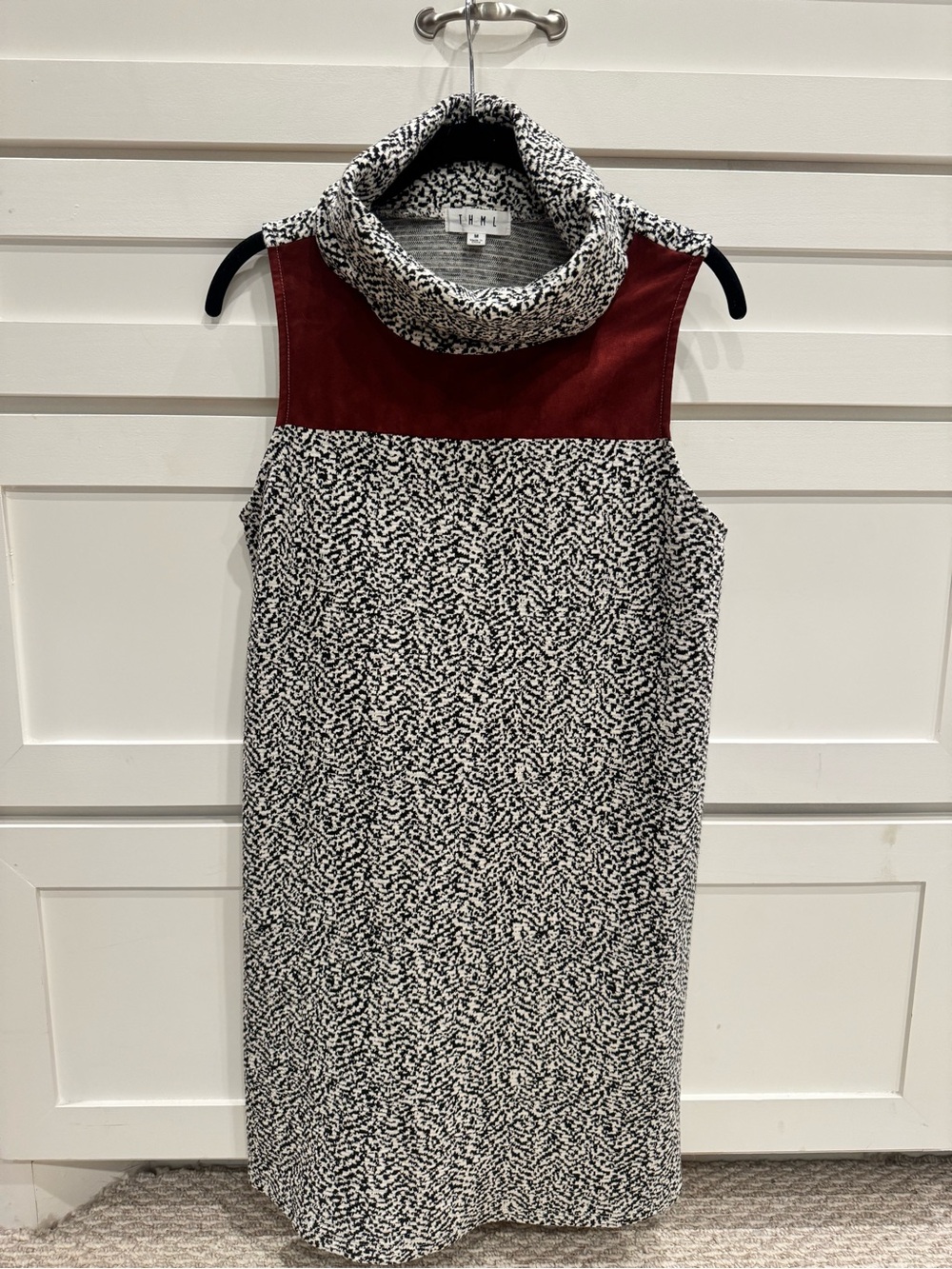 THML Black & White Sleeveless Cowl Neck Dress with Wine Yoke